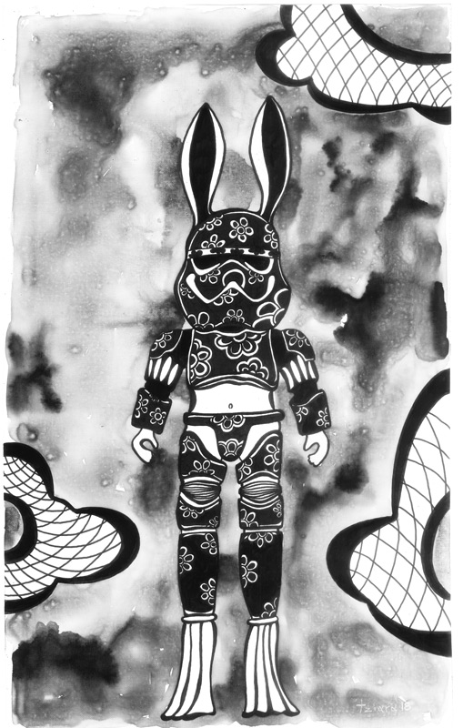 Space Rabbit, cynic and permanent ink on canvas, 56 ?? 35 cm, 2018. In Private Collection