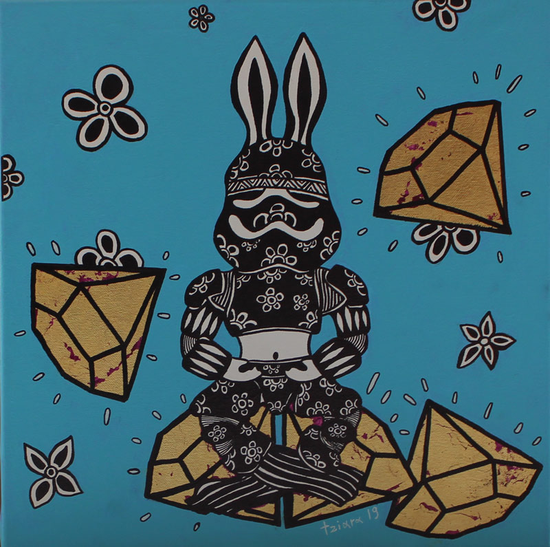 The Space Rabbit Meditating with Diamonds, acrylic, permanent ink and gold leaf on canvas, 40 ?? 40 cm, 2019. In Private Collection